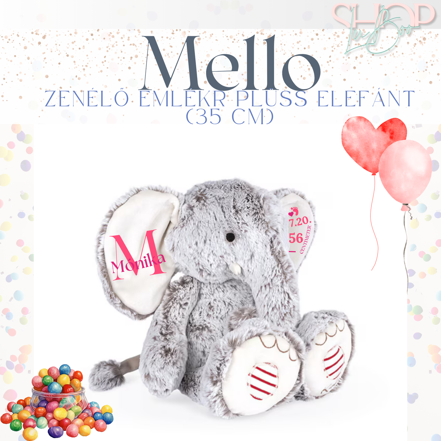 Mello zenélő emlékőr plüss elefánt lányos (35 cm) – névre szóló babaajándék – ShopLuBoo