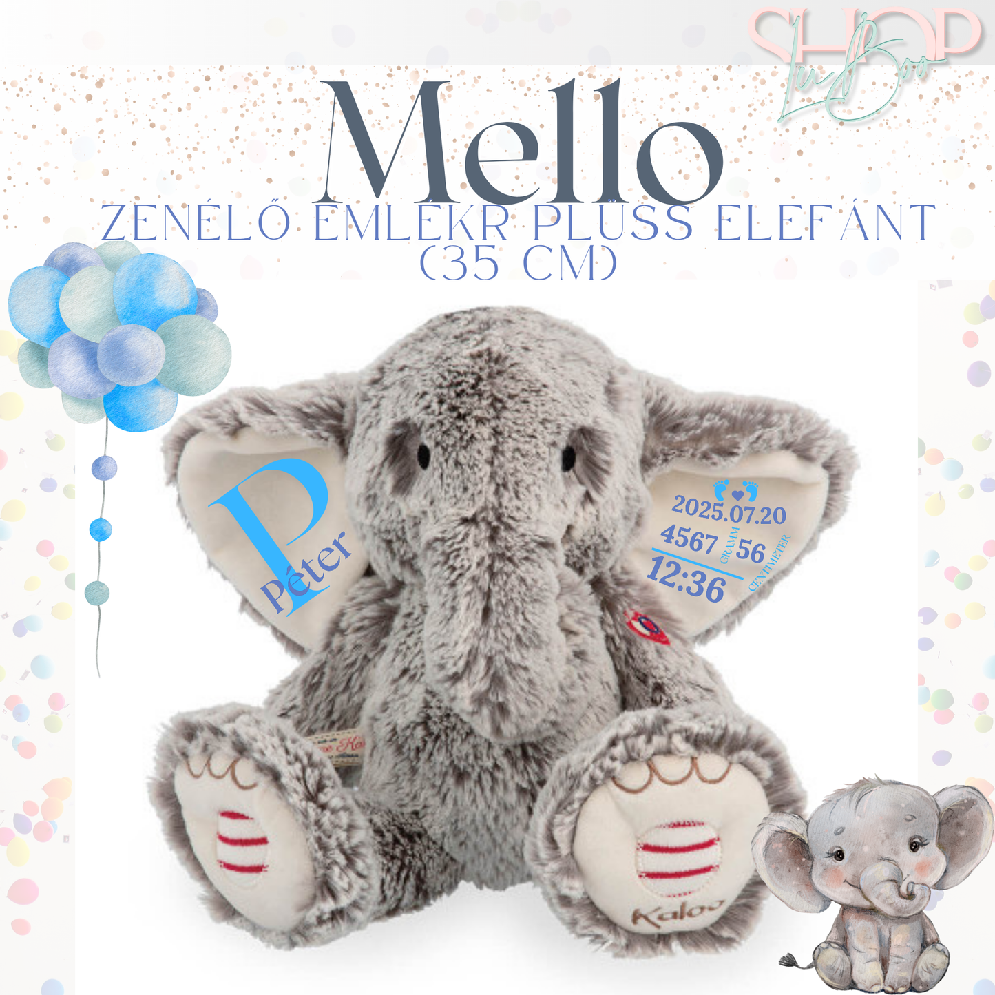 Mello zenélő emlékőr plüss elefánt fiús (35 cm) – névre szóló babaajándék – ShopLuBoo