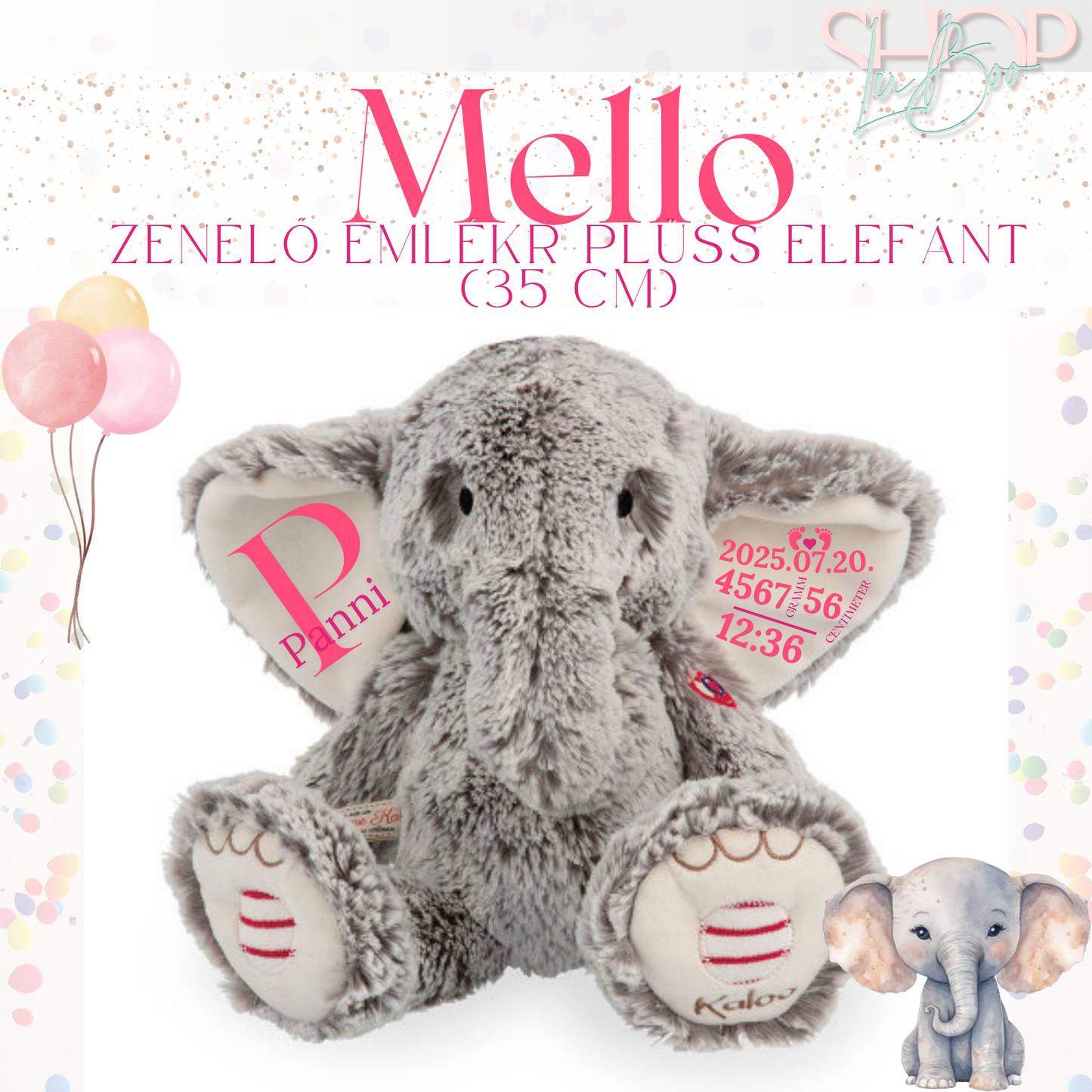 Mello zenélő emlékőr plüss elefánt lányos (35 cm) – névre szóló babaajándék – ShopLuBoo