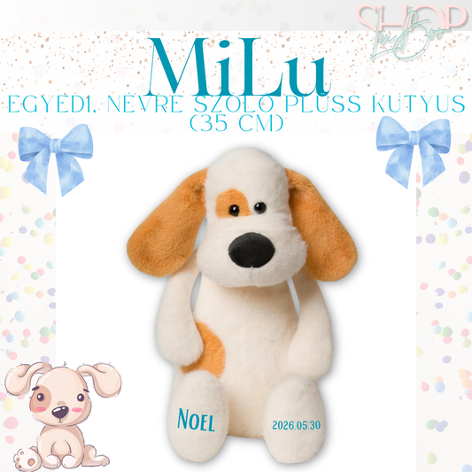 MiLu - Egyedi, névre szóló prémium plüss kutyus (35 cm)