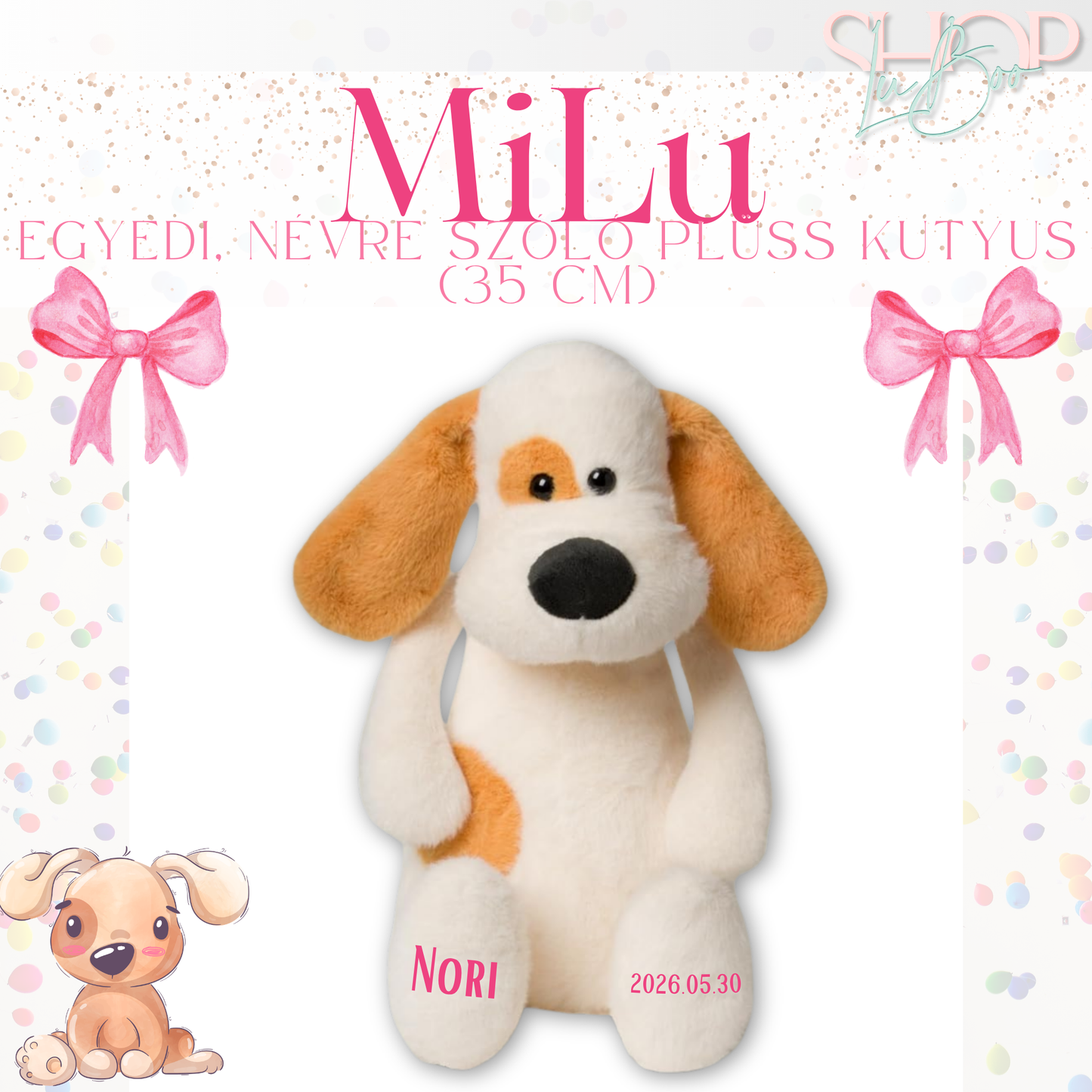 MiLu - Egyedi, névre szóló prémium plüss kutyus (35 cm)