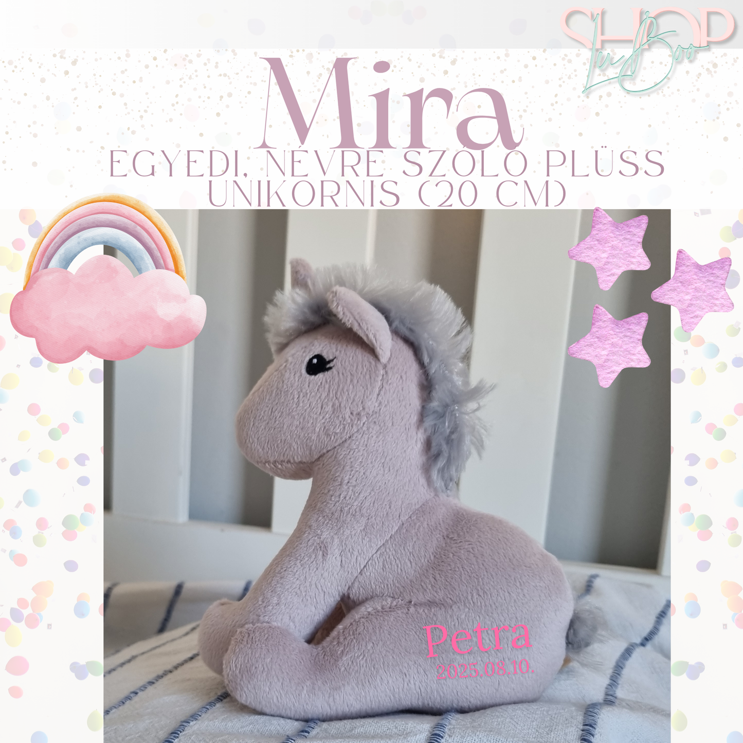 Mira - Egyedi, névre szóló prémium plüss unikornis (20 cm)