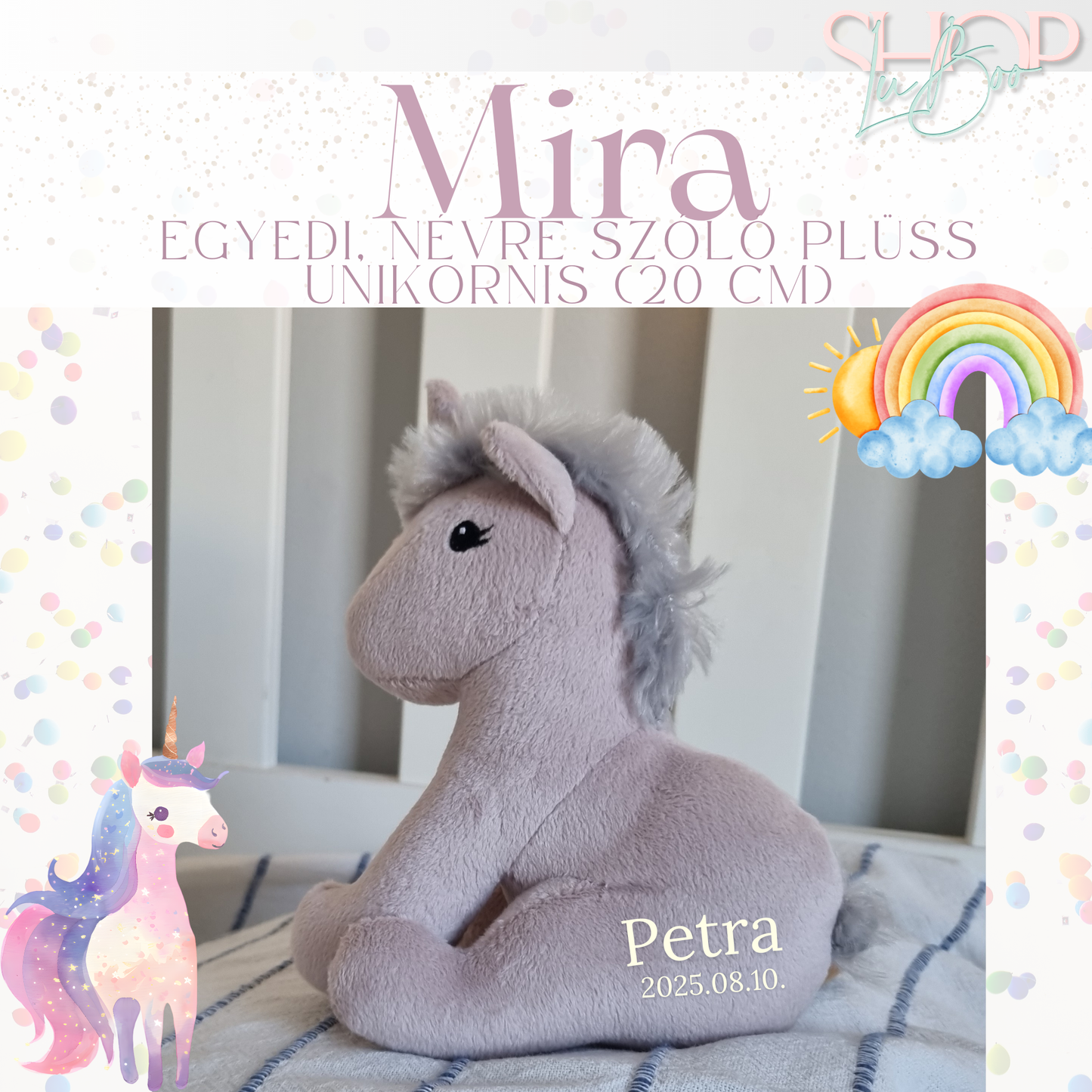 Mira - Egyedi, névre szóló prémium plüss unikornis (20 cm)