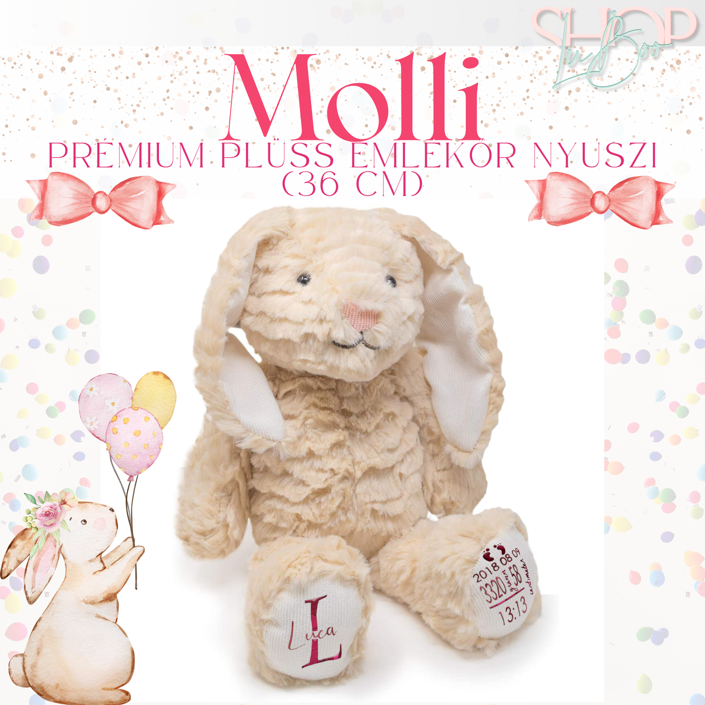 Molli prémium plüss emlékőr nyuszi lányos változat – névre szóló babajándék