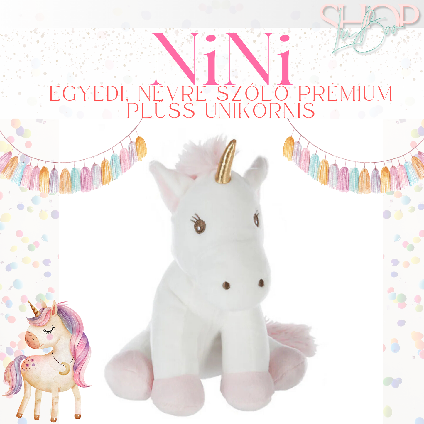NiNi - Egyedi, névre szóló prémium plüss unikornis (22 cm)