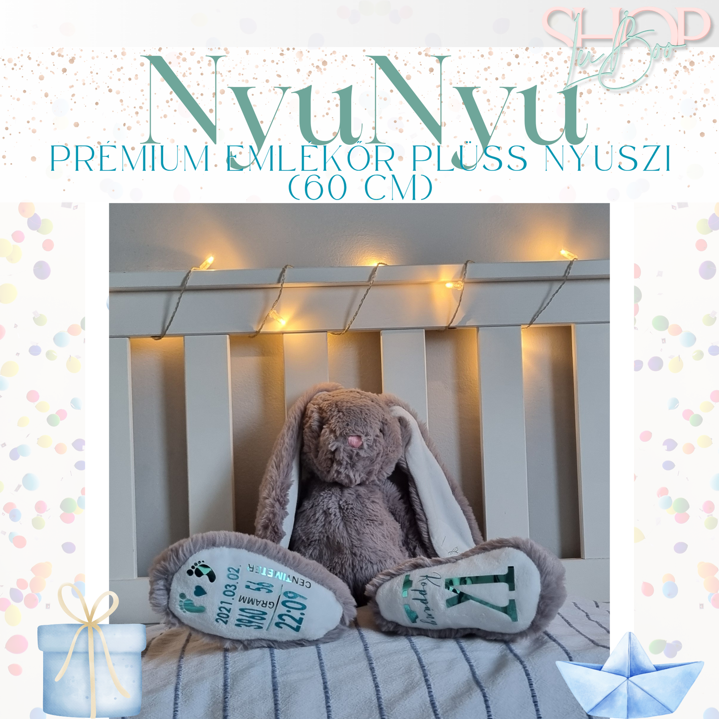 NyuNyu óriás prémium plüss emlékőr nyuszi fiús – névre szóló babaajándék – ShopLuBoo