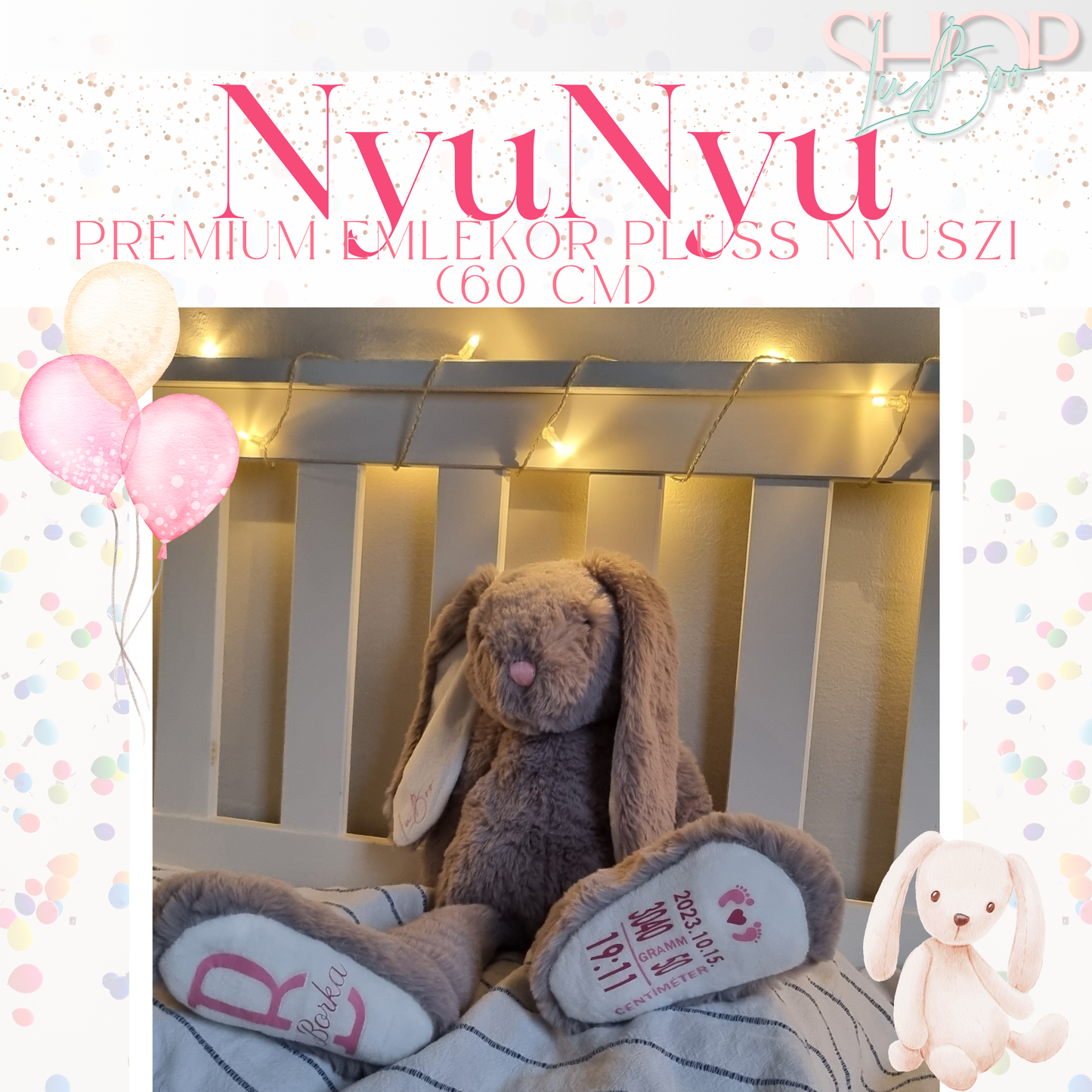 NyuNyu óriás prémium plüss emlékőr nyuszi lányos – névre szóló babaajándék – ShopLuBoo
