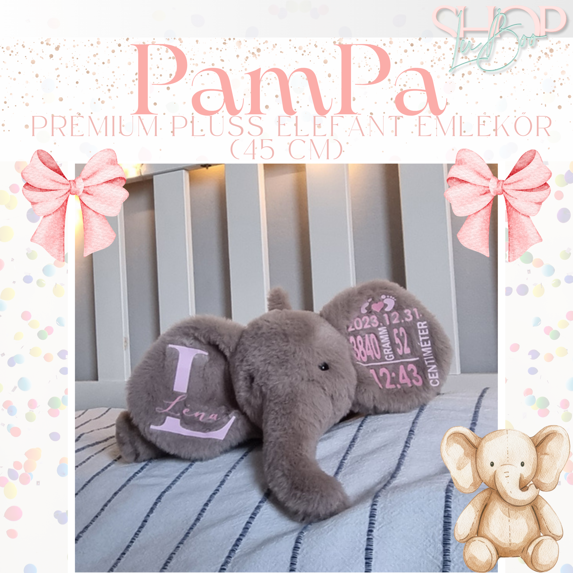 PamPa – Névre szóló prémium emlékőr plüss elefánt lányos (45 cm) – ShopLuBoo