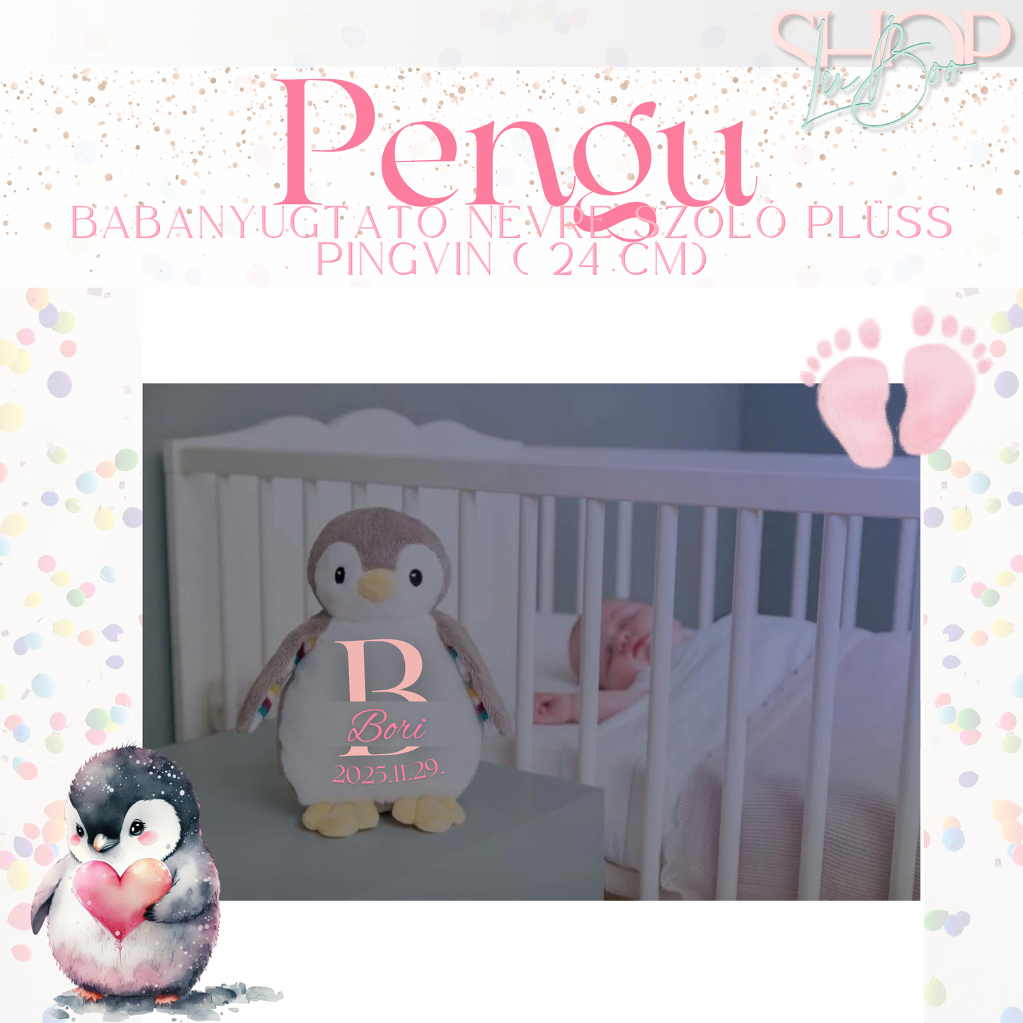Pengu - Babanyugtató éjjeli fénnyel és zenélő névre szóló plüss pingvin (24 cm)
