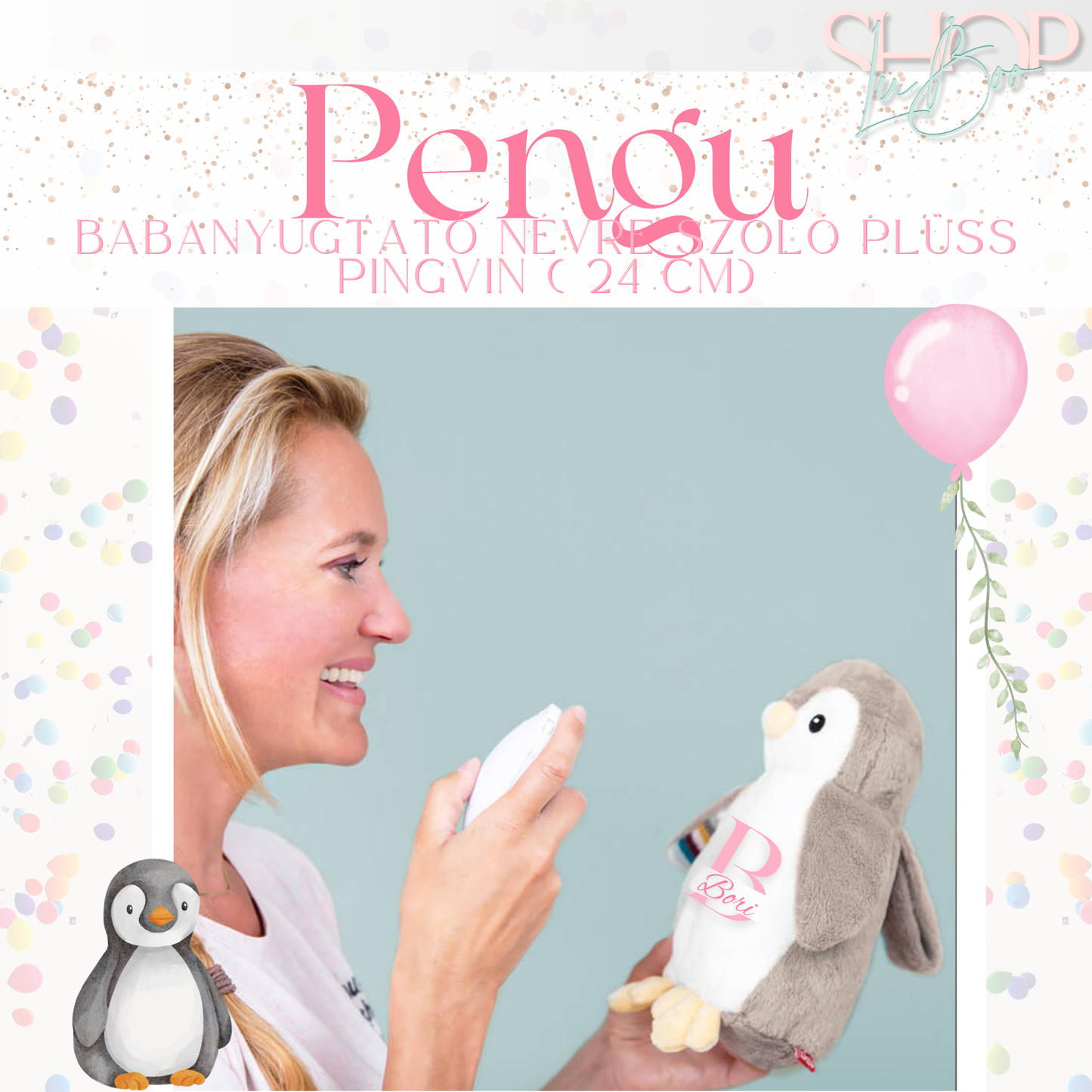 Pengu - Babanyugtató éjjeli fénnyel és zenélő névre szóló plüss pingvin (24 cm)
