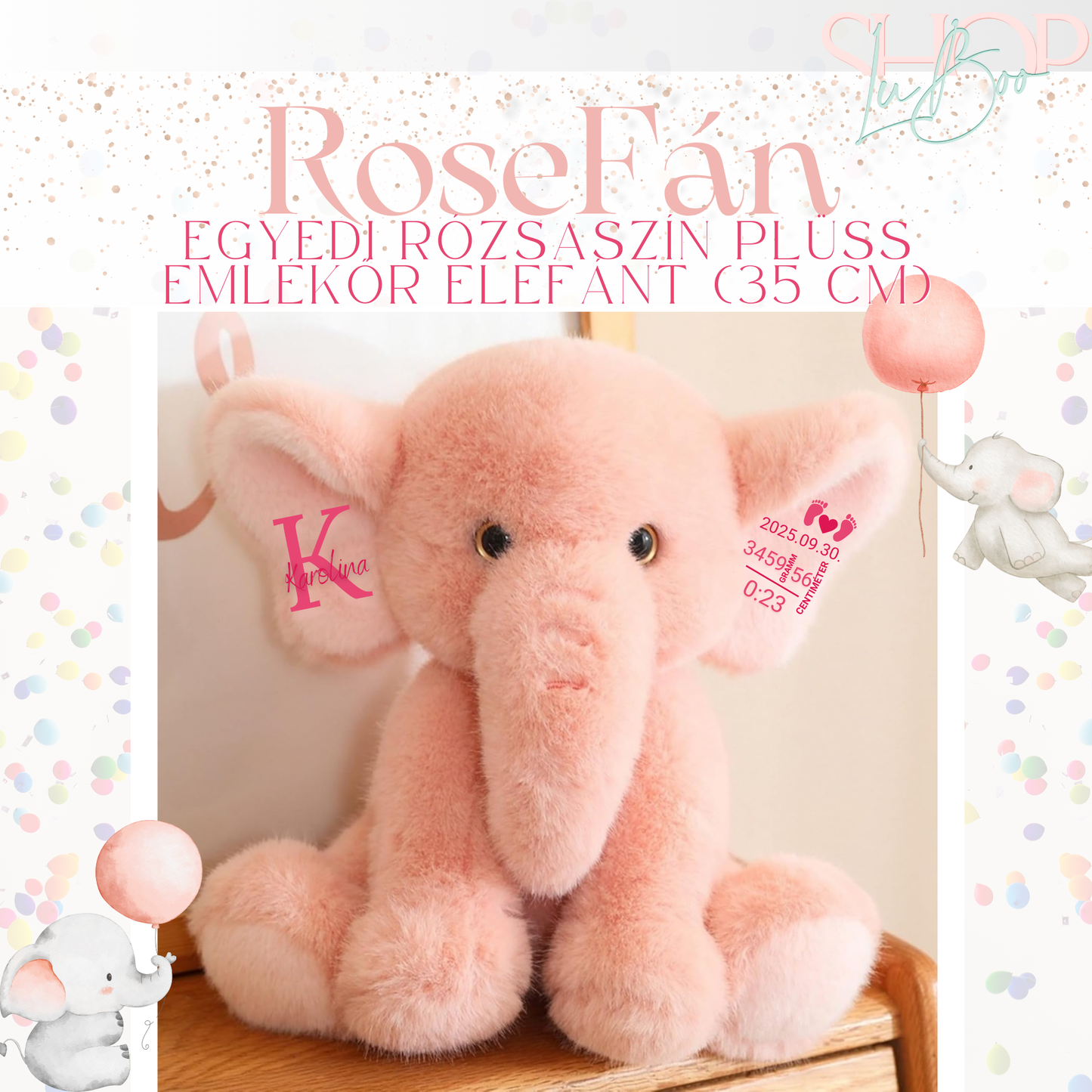 RoseFán – Névre szóló rózsaszín emlékőr plüss elefánt fül (35 cm) – ShopLuBoo