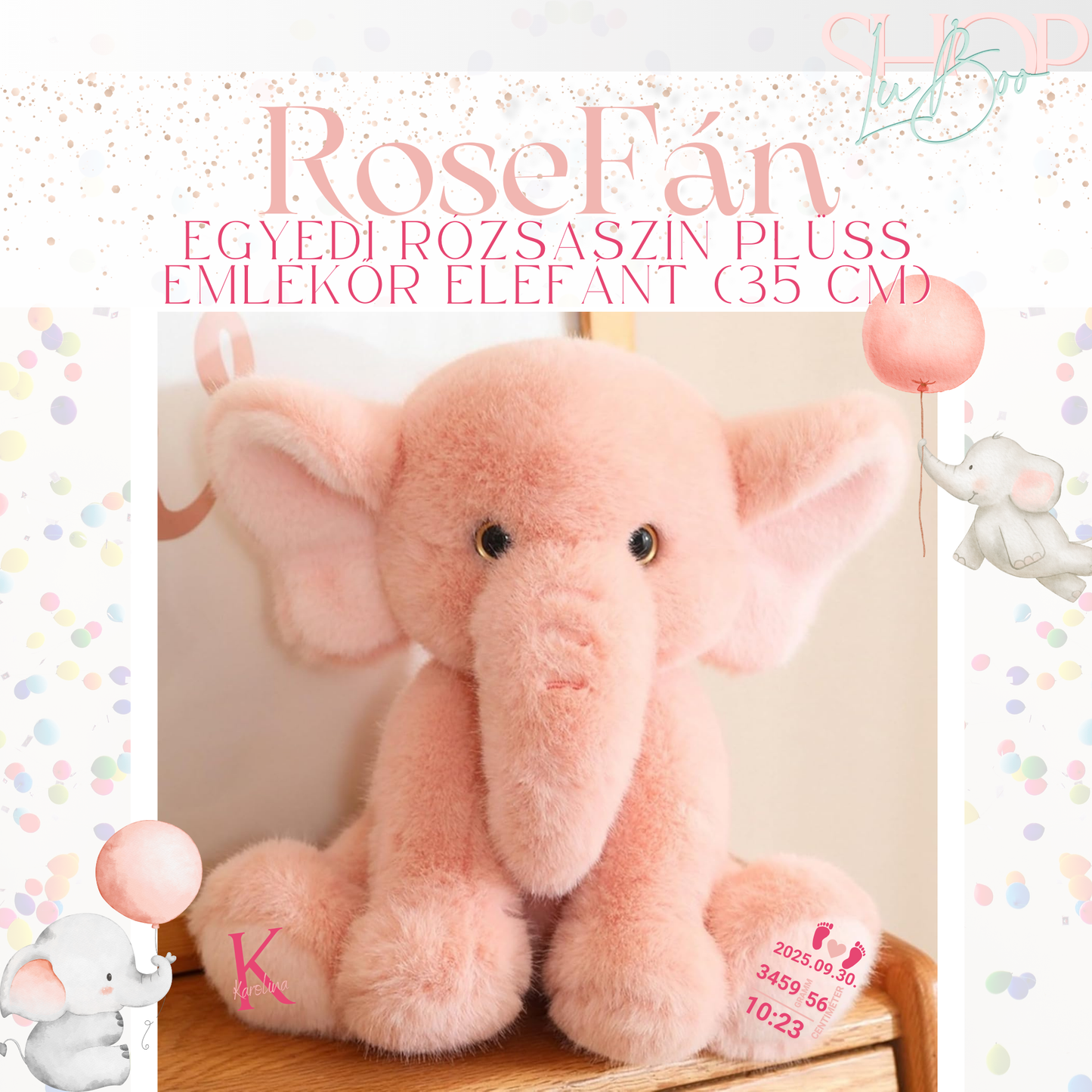 RoseFán – Névre szóló rózsaszín emlékőr plüss elefánt tappancs (35 cm) – ShopLuBoo