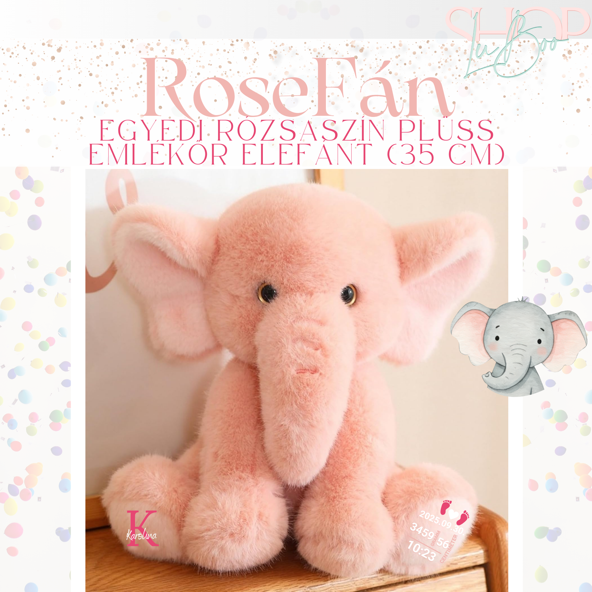 RoseFán – Sötétben világító emlékőr plüss elefánt tappancs (35 cm) – ShopLuBoo