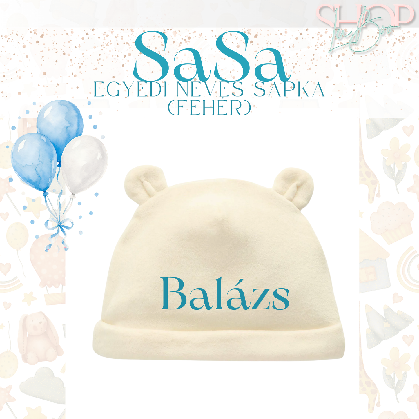 SaSa - Névre szóló baba sapka (fehér)