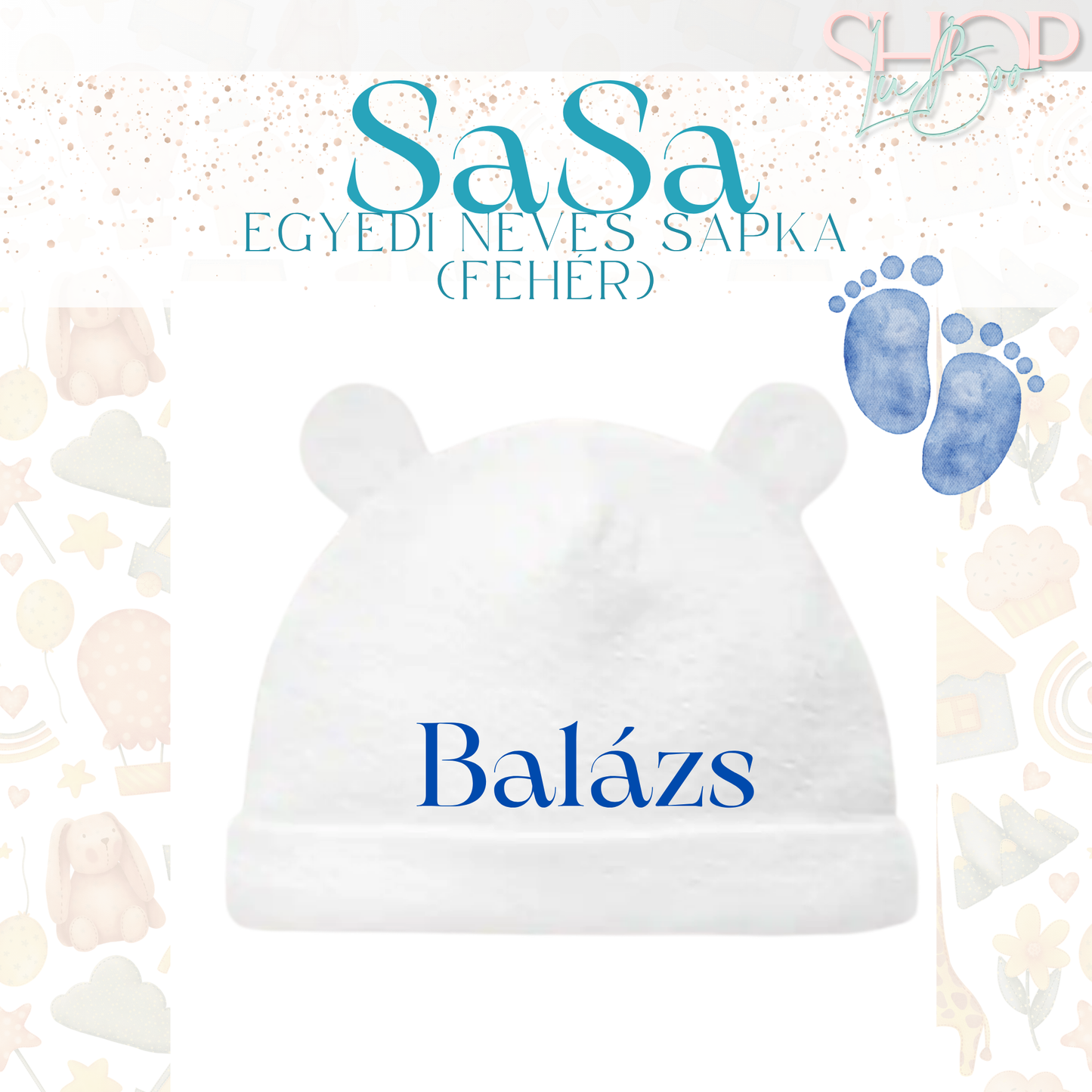 SaSa - Névre szóló baba sapka (fehér)