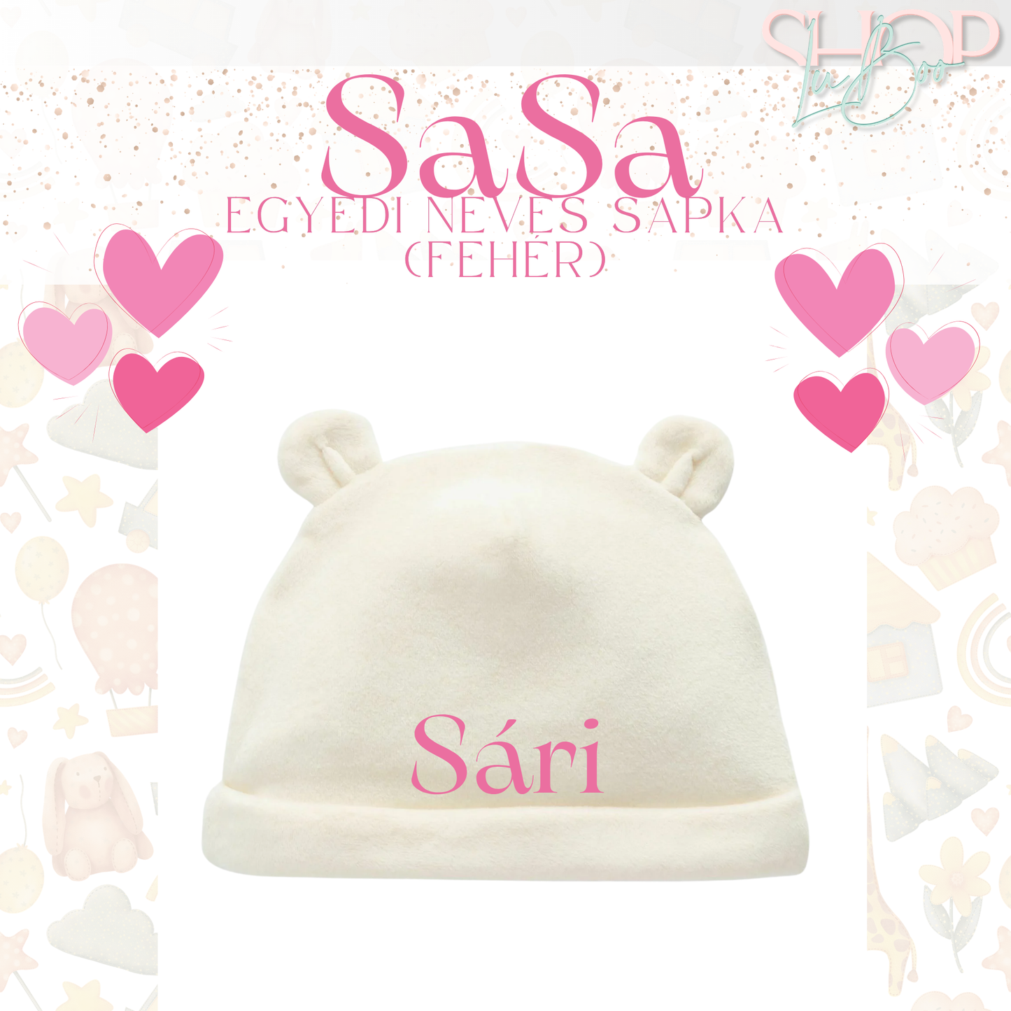 SaSa - Névre szóló baba sapka (fehér)