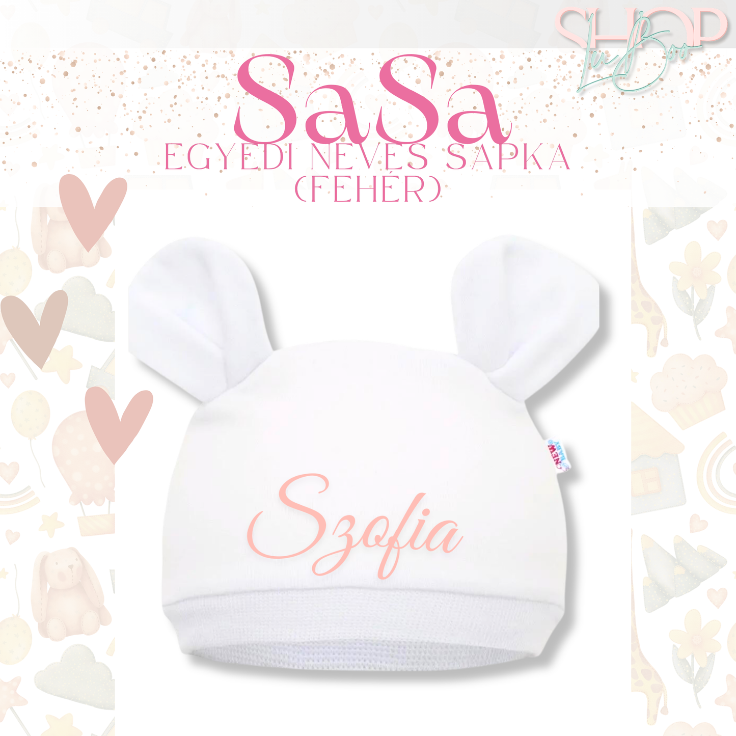 SaSa - Névre szóló baba sapka (fehér)
