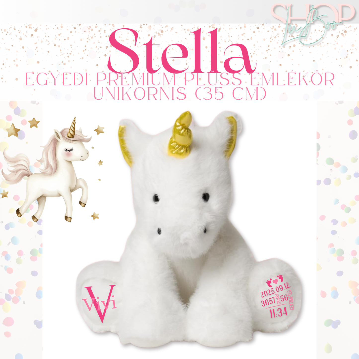 Stella - Egyedi prémium plüss emlékőr unikornis (35 cm)