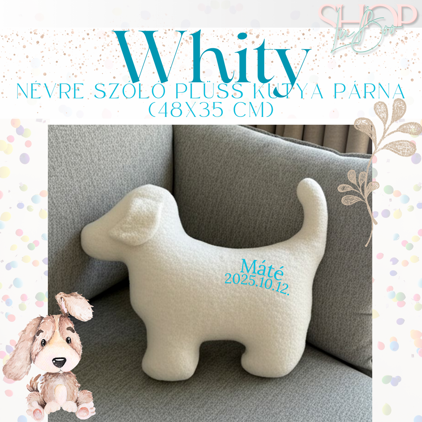 Whity – Névre szóló plüss kutya párna (48x35 cm)